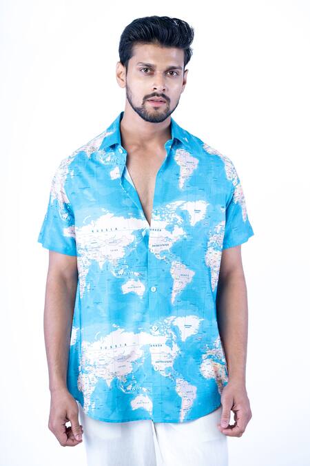 Buy Yajy By Aditya Jain Blue Cotton World Map Pattern Shirt Online at Aza Fashions Buy_Yajy By Aditya Jain_Blue Cotton World Map Pattern Shirt _Online_at_Aza_Fashions