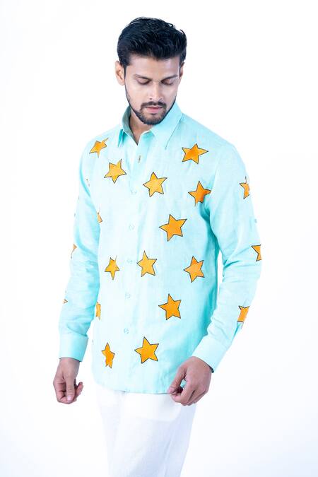 Buy Yajy By Aditya Jain Blue Cotton, Linen Embroidery Twinkling Star Motif Shirt Online at Aza Fashions Buy_Yajy By Aditya Jain_Blue Cotton, Linen Embroidery Twinkling Star Motif Shirt _Online_at_Aza_Fashions