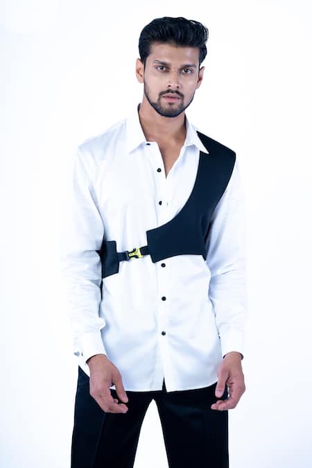 Shop Yajy By Aditya Jain White Cotton Embroidery Double Panel Buckle Detailed Shirt at Aza Fashions Shop_Yajy By Aditya Jain_White Cotton Embroidery Double Panel Buckle Detailed Shirt _at_Aza_Fashions