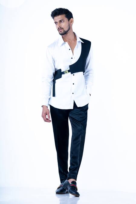 Yajy By Aditya Jain White Cotton Embroidery Double Panel Buckle Detailed Shirt Online at Aza Fashions Yajy By Aditya Jain_White Cotton Embroidery Double Panel Buckle Detailed Shirt _Online_at_Aza_Fashions