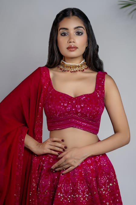 Shahmeen Husain_Fuchsia Georgette, Chiffon Sequins, Embroidery Floral Chikankari Lehenga Set _Online_at_Aza_Fashions