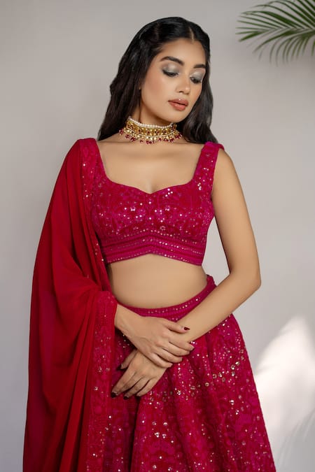 Buy_Shahmeen Husain_Fuchsia Georgette, Chiffon Sequins, Embroidery Floral Chikankari Lehenga Set _Online_at_Aza_Fashions