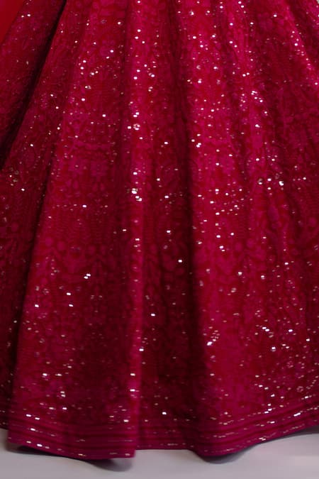 Shop_Shahmeen Husain_Fuchsia Georgette, Chiffon Sequins, Embroidery Floral Chikankari Lehenga Set _Online_at_Aza_Fashions