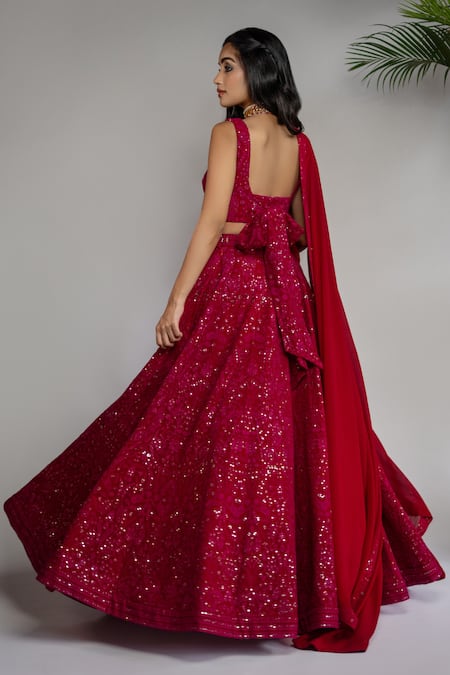 Shahmeen Husain_Fuchsia Georgette, Chiffon Sequins, Embroidery Floral Chikankari Lehenga Set _at_Aza_Fashions