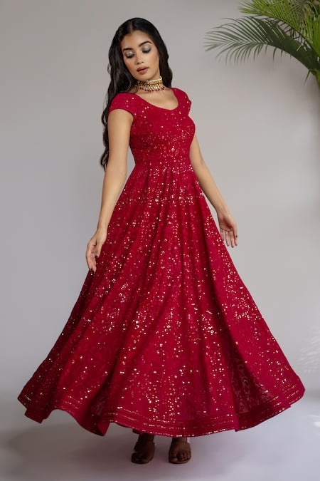 Shahmeen Husain_Fuchsia Georgette Sequins, Embroidery Floral Chikankari Anarkali With Dupatta _Online_at_Aza_Fashions