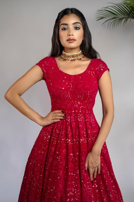 Buy_Shahmeen Husain_Fuchsia Georgette Sequins, Embroidery Floral Chikankari Anarkali With Dupatta _Online_at_Aza_Fashions