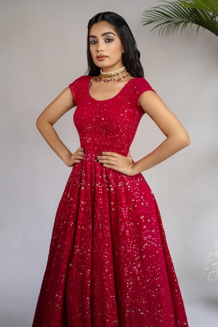 Shop_Shahmeen Husain_Fuchsia Georgette Sequins, Embroidery Floral Chikankari Anarkali With Dupatta _Online_at_Aza_Fashions