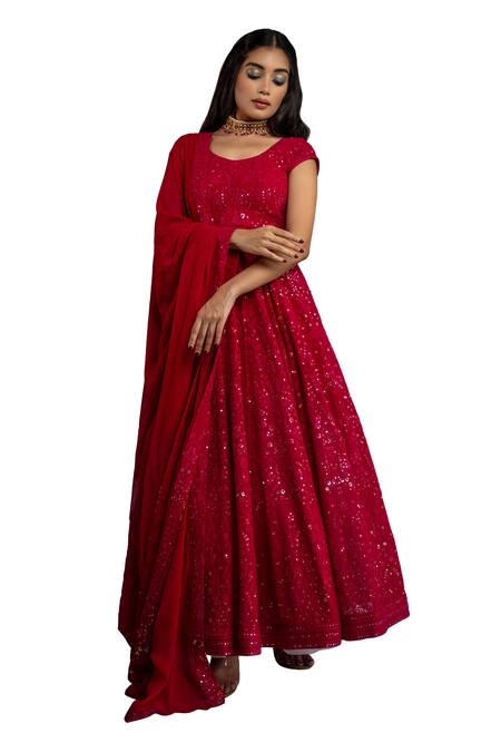 Buy_Shahmeen Husain_Fuchsia Georgette Sequins, Embroidery Floral Chikankari Anarkali With Dupatta 