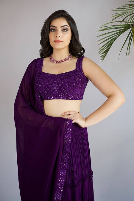 Shahmeen Husain Purple Georgette, Chiffon Embroidery, Chikankari Work Blouse Pleated Lehenga Set Online at Aza Fashions Shahmeen Husain_Purple Georgette, Chiffon Embroidery, Chikankari Work Blouse Pleated Lehenga Set _Online_at_Aza_Fashions