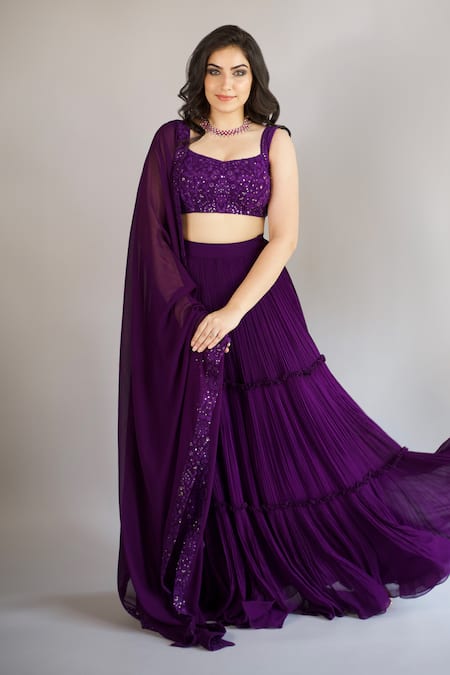 Shop Shahmeen Husain Purple Georgette, Chiffon Embroidery, Chikankari Work Blouse Pleated Lehenga Set Online at Aza Fashions Shop_Shahmeen Husain_Purple Georgette, Chiffon Embroidery, Chikankari Work Blouse Pleated Lehenga Set _Online_at_Aza_Fashions