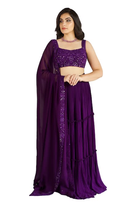 Shahmeen Husain Purple Georgette, Chiffon Embroidery, Chikankari Work Blouse Pleated Lehenga Set at Aza Fashions Shahmeen Husain_Purple Georgette, Chiffon Embroidery, Chikankari Work Blouse Pleated Lehenga Set _at_Aza_Fashions
