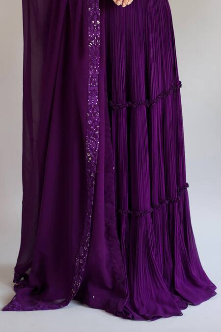 Buy Shahmeen Husain Purple Georgette, Chiffon Embroidery, Chikankari Work Blouse Pleated Lehenga Set Buy_Shahmeen Husain_Purple Georgette, Chiffon Embroidery, Chikankari Work Blouse Pleated Lehenga Set
