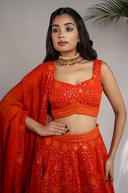 Shahmeen Husain Orange Chanderi Sequins, Embroidery Floral Bloom Chikankari Lehenga Set Online at Aza Fashions Shahmeen Husain_Orange Chanderi Sequins, Embroidery Floral Bloom Chikankari Lehenga Set _Online_at_Aza_Fashions