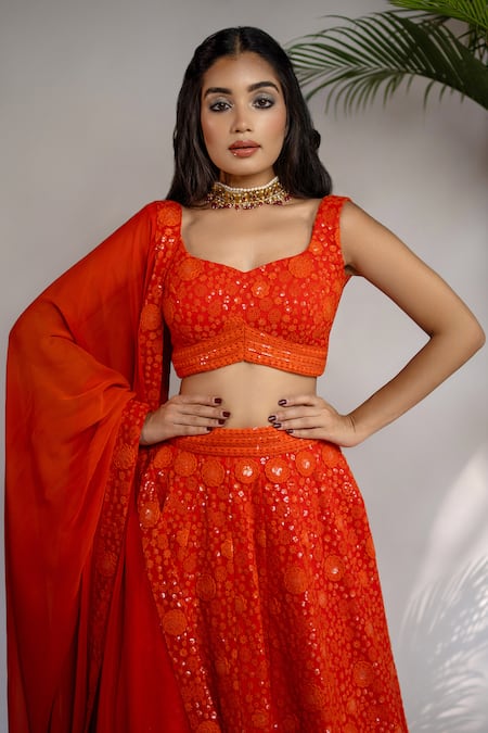 Buy Shahmeen Husain Orange Chanderi Sequins, Embroidery Floral Bloom Chikankari Lehenga Set Online at Aza Fashions Buy_Shahmeen Husain_Orange Chanderi Sequins, Embroidery Floral Bloom Chikankari Lehenga Set _Online_at_Aza_Fashions