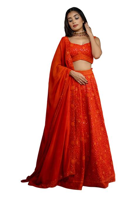 Shop Shahmeen Husain Orange Chanderi Sequins, Embroidery Floral Bloom Chikankari Lehenga Set Online at Aza Fashions Shop_Shahmeen Husain_Orange Chanderi Sequins, Embroidery Floral Bloom Chikankari Lehenga Set _Online_at_Aza_Fashions