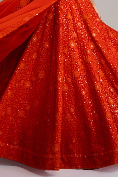 Shahmeen Husain Orange Chanderi Sequins, Embroidery Floral Bloom Chikankari Lehenga Set at Aza Fashions Shahmeen Husain_Orange Chanderi Sequins, Embroidery Floral Bloom Chikankari Lehenga Set _at_Aza_Fashions