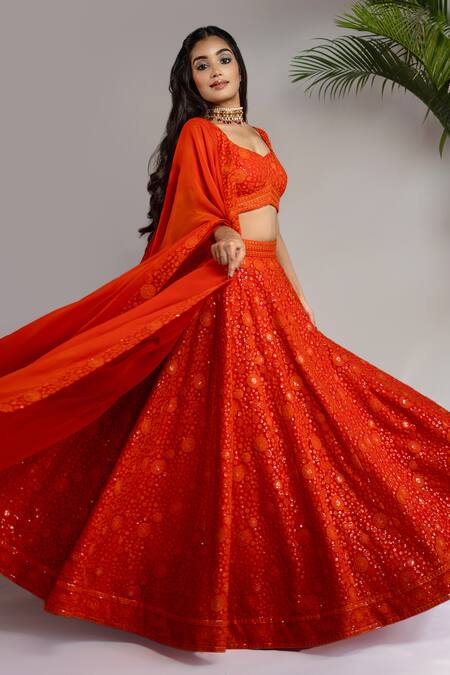 Buy Shahmeen Husain Orange Chanderi Sequins, Embroidery Floral Bloom Chikankari Lehenga Set Buy_Shahmeen Husain_Orange Chanderi Sequins, Embroidery Floral Bloom Chikankari Lehenga Set