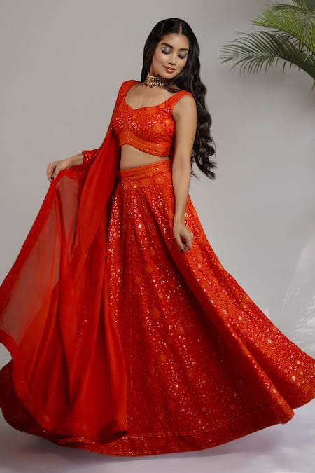 Shop Shahmeen Husain Orange Chanderi Sequins, Embroidery Floral Bloom Chikankari Lehenga Set Shop_Shahmeen Husain_Orange Chanderi Sequins, Embroidery Floral Bloom Chikankari Lehenga Set