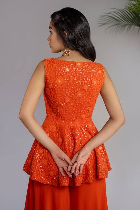 Shahmeen Husain Floral Chikankari Work Peplum Tunic With Palazzo 