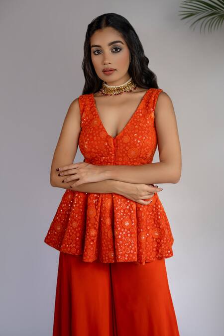 Shahmeen Husain_Orange Chanderi Cotton, Floral Chikankari Work Peplum Tunic With Palazzo _Online_at_Aza_Fashions