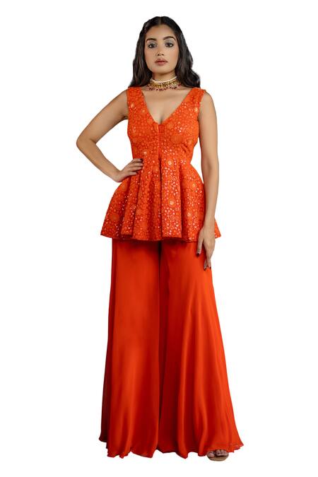 Shop_Shahmeen Husain_Orange Chanderi Cotton, Floral Chikankari Work Peplum Tunic With Palazzo _Online_at_Aza_Fashions