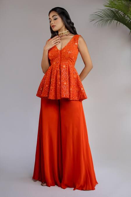 Shahmeen Husain_Orange Chanderi Cotton, Floral Chikankari Work Peplum Tunic With Palazzo _at_Aza_Fashions
