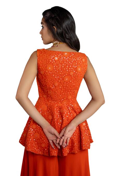 Buy_Shahmeen Husain_Orange Chanderi Cotton, Floral Chikankari Work Peplum Tunic With Palazzo 