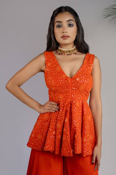 Shop_Shahmeen Husain_Orange Chanderi Cotton, Floral Chikankari Work Peplum Tunic With Palazzo 