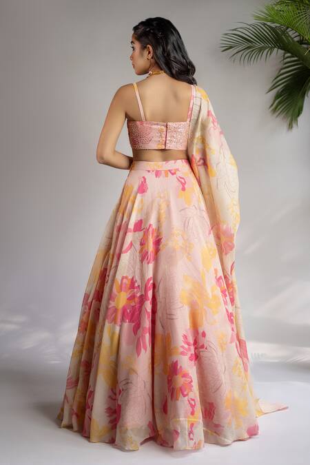 Shop Shahmeen Husain Pink Silk Sequins, Embroidery Square Neck Floral Print Lehenga Set at Aza Fashions Shop_Shahmeen Husain_Pink Silk Sequins, Embroidery Square Neck Floral Print Lehenga Set_at_Aza_Fashions
