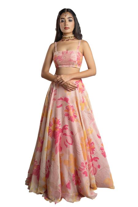 Shahmeen Husain Pink Silk Sequins, Embroidery Square Neck Floral Print Lehenga Set Online at Aza Fashions Shahmeen Husain_Pink Silk Sequins, Embroidery Square Neck Floral Print Lehenga Set_Online_at_Aza_Fashions