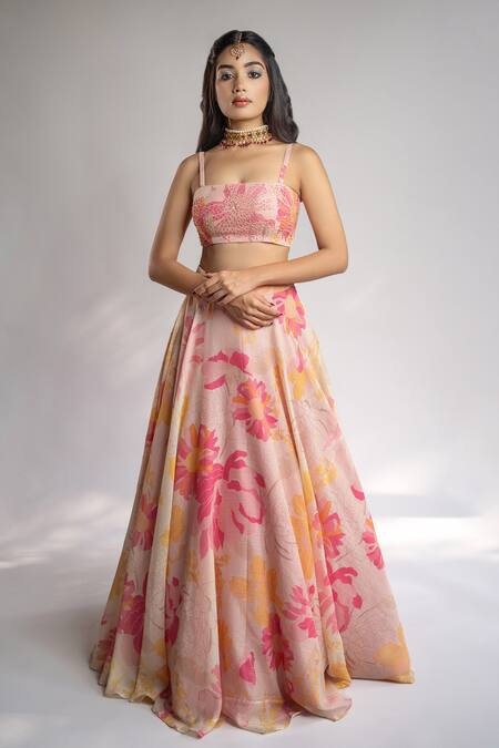 Buy Shahmeen Husain Pink Silk Sequins, Embroidery Square Neck Floral Print Lehenga Set Online at Aza Fashions Buy_Shahmeen Husain_Pink Silk Sequins, Embroidery Square Neck Floral Print Lehenga Set_Online_at_Aza_Fashions
