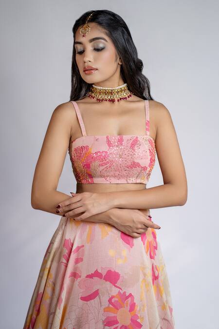 Shop Shahmeen Husain Pink Silk Sequins, Embroidery Square Neck Floral Print Lehenga Set Online at Aza Fashions Shop_Shahmeen Husain_Pink Silk Sequins, Embroidery Square Neck Floral Print Lehenga Set_Online_at_Aza_Fashions