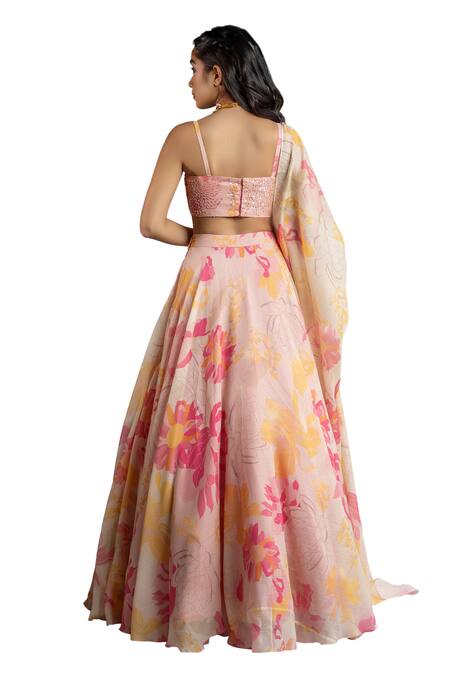 Buy Shahmeen Husain Pink Silk Sequins, Embroidery Square Neck Floral Print Lehenga Set Buy_Shahmeen Husain_Pink Silk Sequins, Embroidery Square Neck Floral Print Lehenga Set