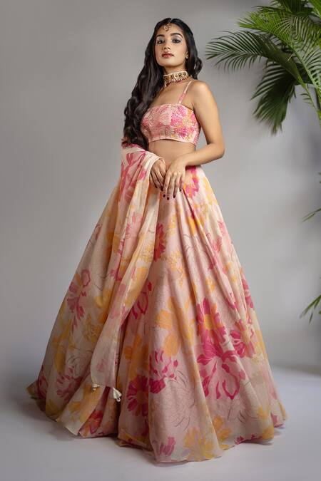 Shop Shahmeen Husain Pink Silk Sequins, Embroidery Square Neck Floral Print Lehenga Set Shop_Shahmeen Husain_Pink Silk Sequins, Embroidery Square Neck Floral Print Lehenga Set