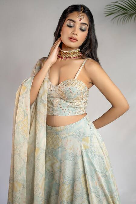 Shahmeen Husain Blue Silk Sequins, Embroidery Sweetheart Neck Floral Bloom Print Lehenga Set Online at Aza Fashions Shahmeen Husain_Blue Silk Sequins, Embroidery Sweetheart Neck Floral Bloom Print Lehenga Set _Online_at_Aza_Fashions