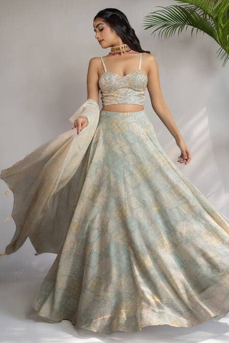 Buy Shahmeen Husain Blue Silk Sequins, Embroidery Sweetheart Neck Floral Bloom Print Lehenga Set Online at Aza Fashions Buy_Shahmeen Husain_Blue Silk Sequins, Embroidery Sweetheart Neck Floral Bloom Print Lehenga Set _Online_at_Aza_Fashions