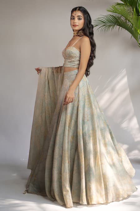 Shop Shahmeen Husain Blue Silk Sequins, Embroidery Sweetheart Neck Floral Bloom Print Lehenga Set Online at Aza Fashions Shop_Shahmeen Husain_Blue Silk Sequins, Embroidery Sweetheart Neck Floral Bloom Print Lehenga Set _Online_at_Aza_Fashions