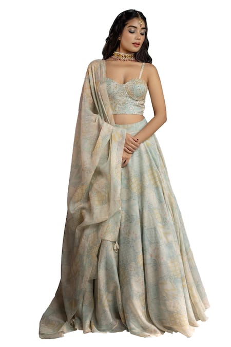 Shahmeen Husain Blue Silk Sequins, Embroidery Sweetheart Neck Floral Bloom Print Lehenga Set at Aza Fashions Shahmeen Husain_Blue Silk Sequins, Embroidery Sweetheart Neck Floral Bloom Print Lehenga Set _at_Aza_Fashions