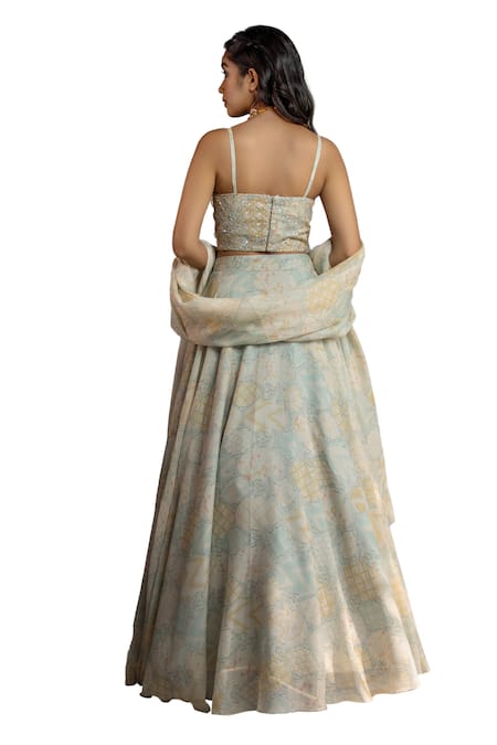 Buy Shahmeen Husain Blue Silk Sequins, Embroidery Sweetheart Neck Floral Bloom Print Lehenga Set Buy_Shahmeen Husain_Blue Silk Sequins, Embroidery Sweetheart Neck Floral Bloom Print Lehenga Set