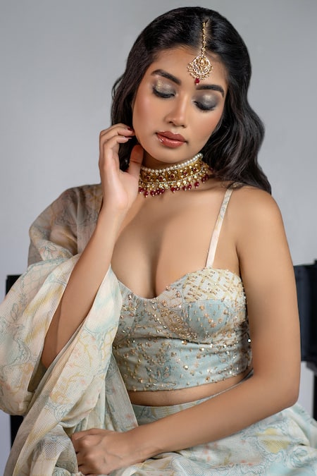 Shop Shahmeen Husain Blue Silk Sequins, Embroidery Sweetheart Neck Floral Bloom Print Lehenga Set Shop_Shahmeen Husain_Blue Silk Sequins, Embroidery Sweetheart Neck Floral Bloom Print Lehenga Set