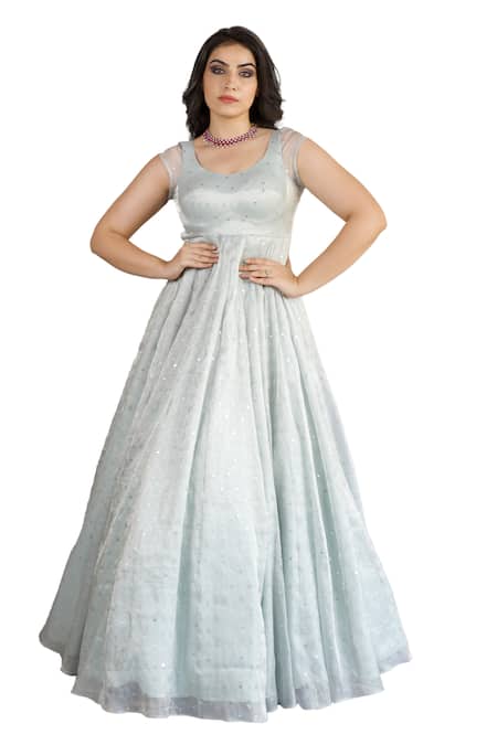 Shahmeen Husain_Blue Tissue, Silk Sequins Scoop Neck Embroidered Anarkali With Dupatta _Online_at_Aza_Fashions