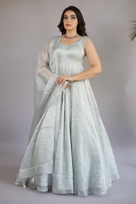 Shop_Shahmeen Husain_Blue Tissue, Silk Sequins Scoop Neck Embroidered Anarkali With Dupatta _Online_at_Aza_Fashions