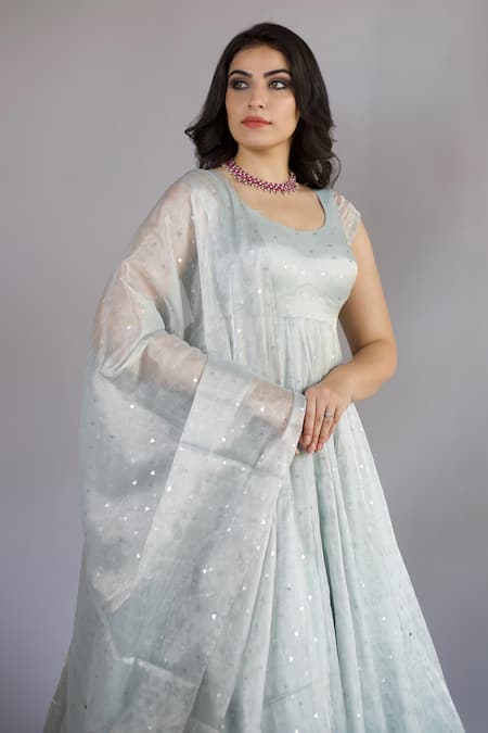 Shahmeen Husain_Blue Tissue, Silk Sequins Scoop Neck Embroidered Anarkali With Dupatta _at_Aza_Fashions