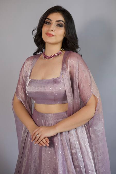 Shahmeen Husain_Purple Tissue, Silk Sequins Square Neck Embroidered Cape Lehenga Set _at_Aza_Fashions