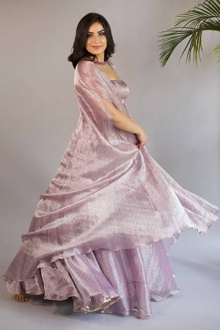 Buy_Shahmeen Husain_Purple Tissue, Silk Sequins Square Neck Embroidered Cape Lehenga Set 