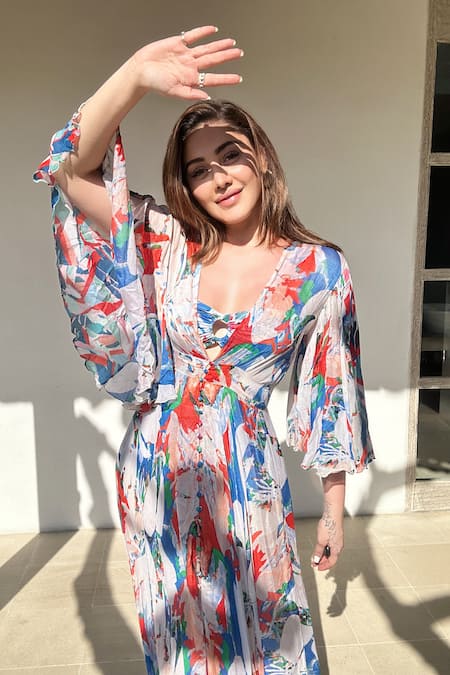 Buy_Mandira Wirk Resort_Multi Color Chiffon, Lycra Sweetheart Neck, Floral Print Bikini Set With Cape _Online_at_Aza_Fashions