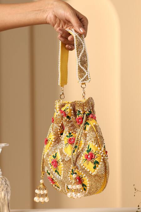 Shop_Swabhimann_Yellow Cut Work, Pearls, Embroidery Potli Bag_at_Aza_Fashions
