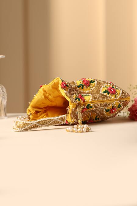 Swabhimann_Yellow Cut Work, Pearls, Embroidery Potli Bag_Online_at_Aza_Fashions