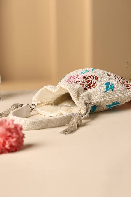 Swabhimann_White Embroidery, Beads Floral And Thread Potli Bag_Online_at_Aza_Fashions
