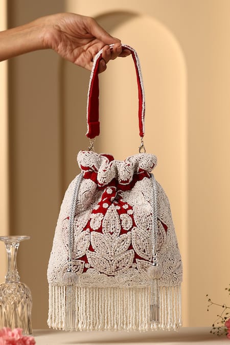 SWABHIMANN Nalki Bead Tasseled Potli Bag 